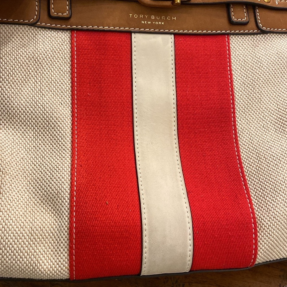 Tory Burch Canvas & Suede Center Stripe Satchel in Natural New Ivory Nut - Picture 11 of 16